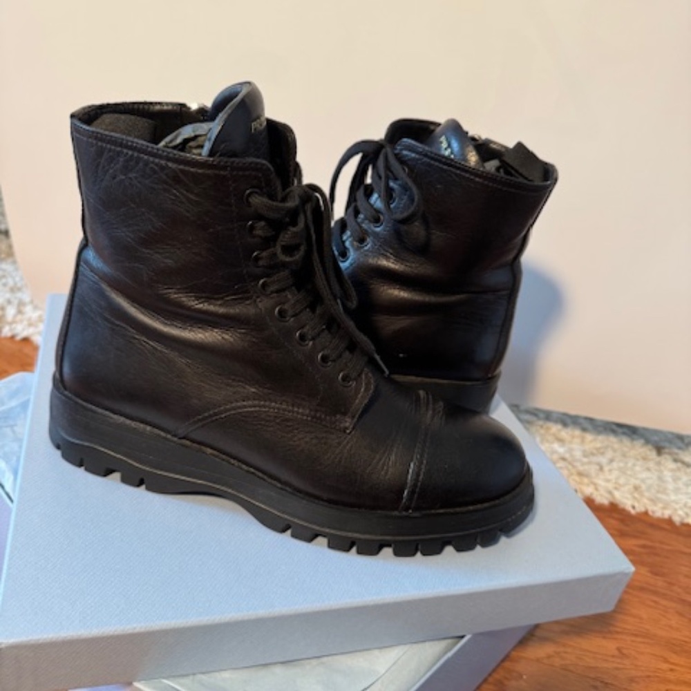 PRADA Black Leather Lug Sole Combat Boots Size 39 1/2 EU / 9,5 US - Picture 6 of 16